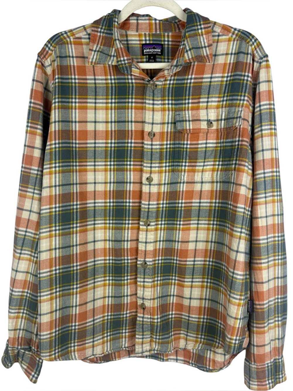 Patagonia Organic Cotton Plaid Flannel Long Sleeve Shirt Medium Rust Blue Yellow